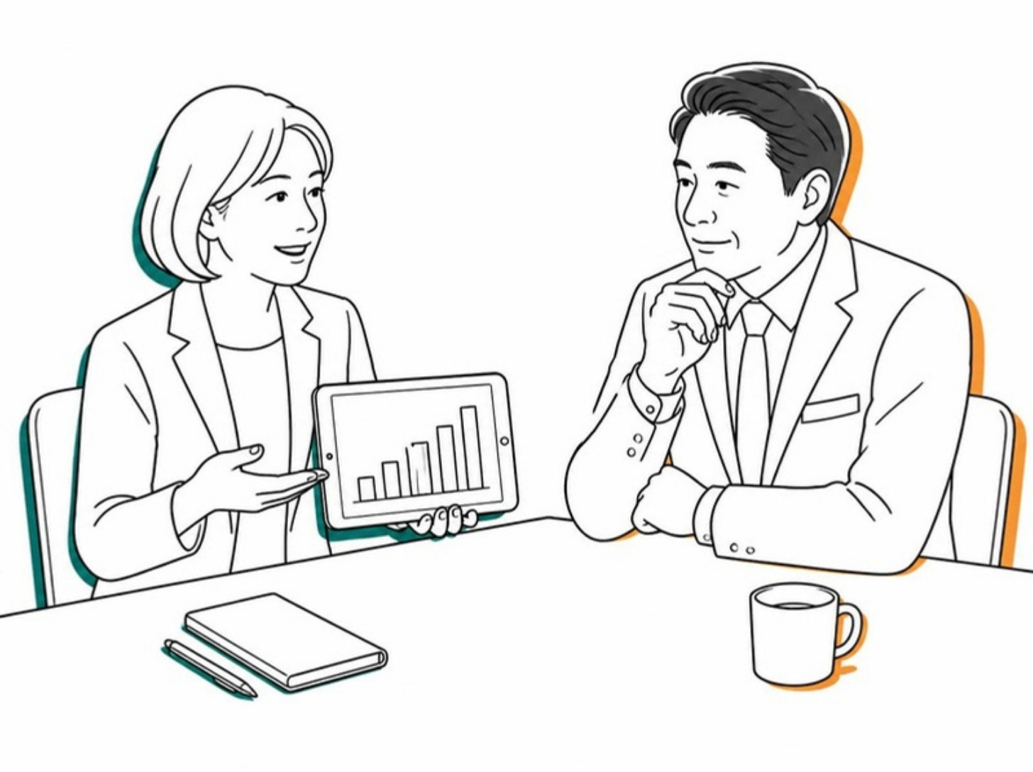 女性のFPがタブレットのグラフで社長に説明する様子
