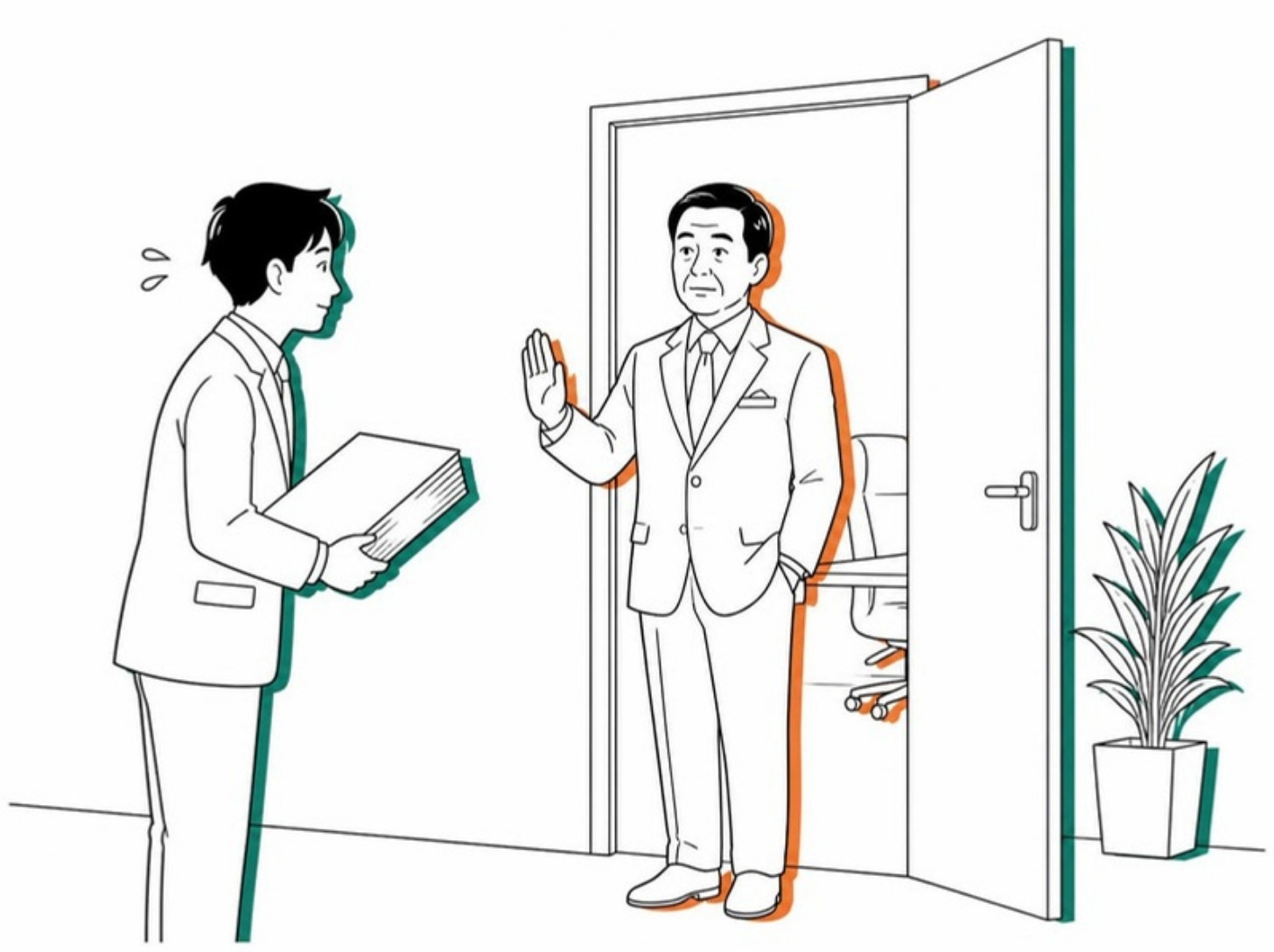 社長室の入口で社長が手を上げて断り、パンフレットを持ったFPが戸惑う様子