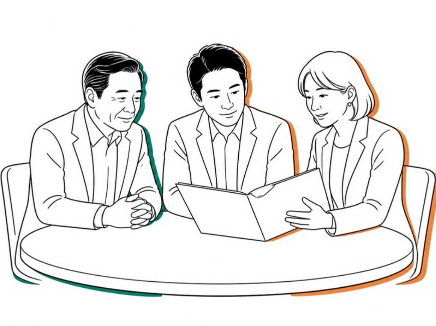社長と後継者とFPが丸テーブルで資料を見る様子