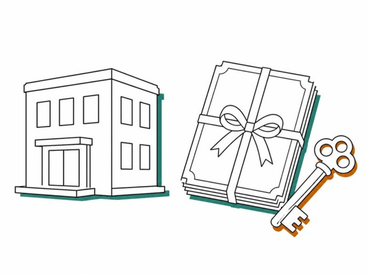 会社の建物と、リボンで結んだ証書の束と鍵
