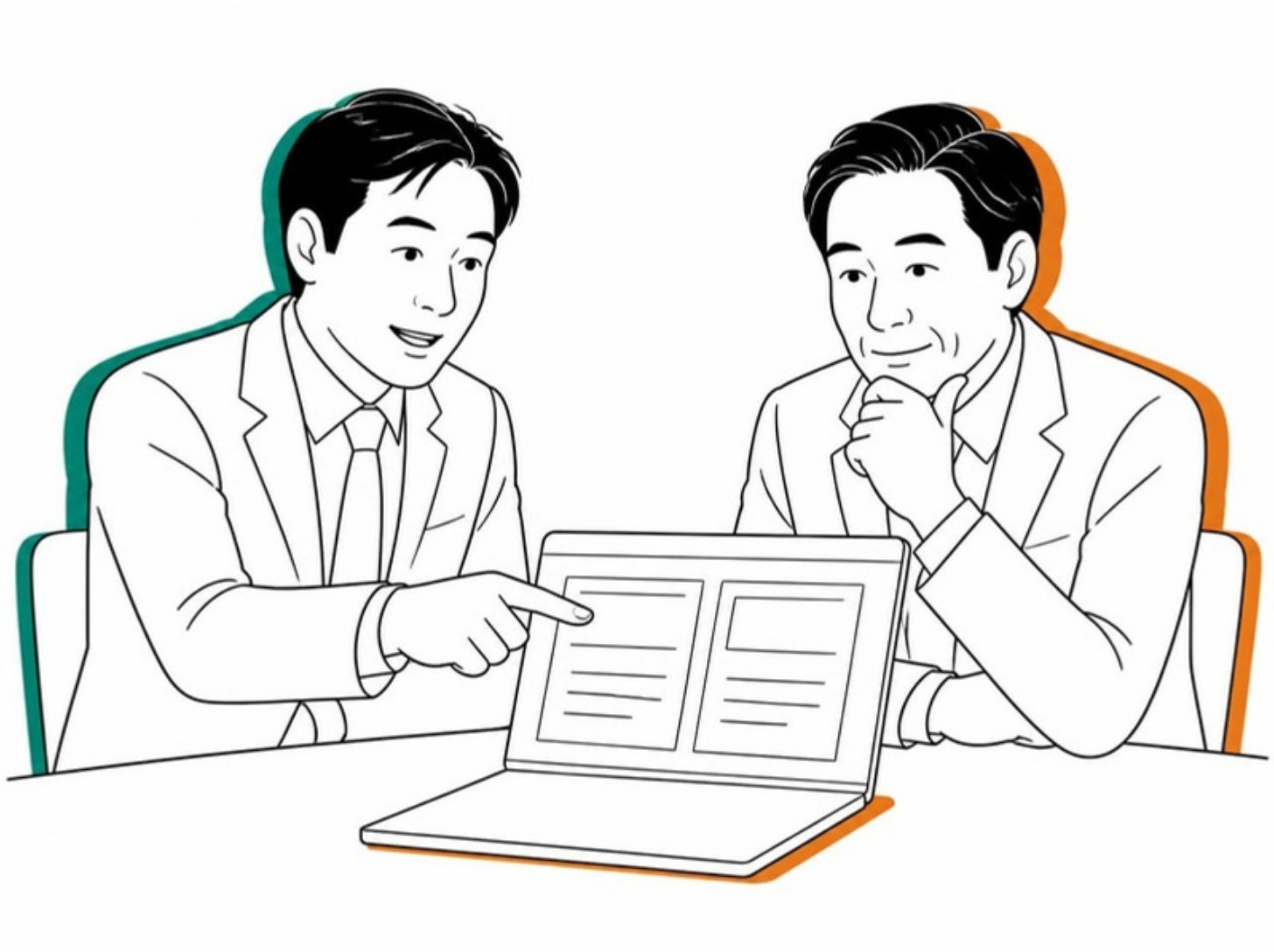 FPがノートパソコンの2つの列を指して社長に説明する様子