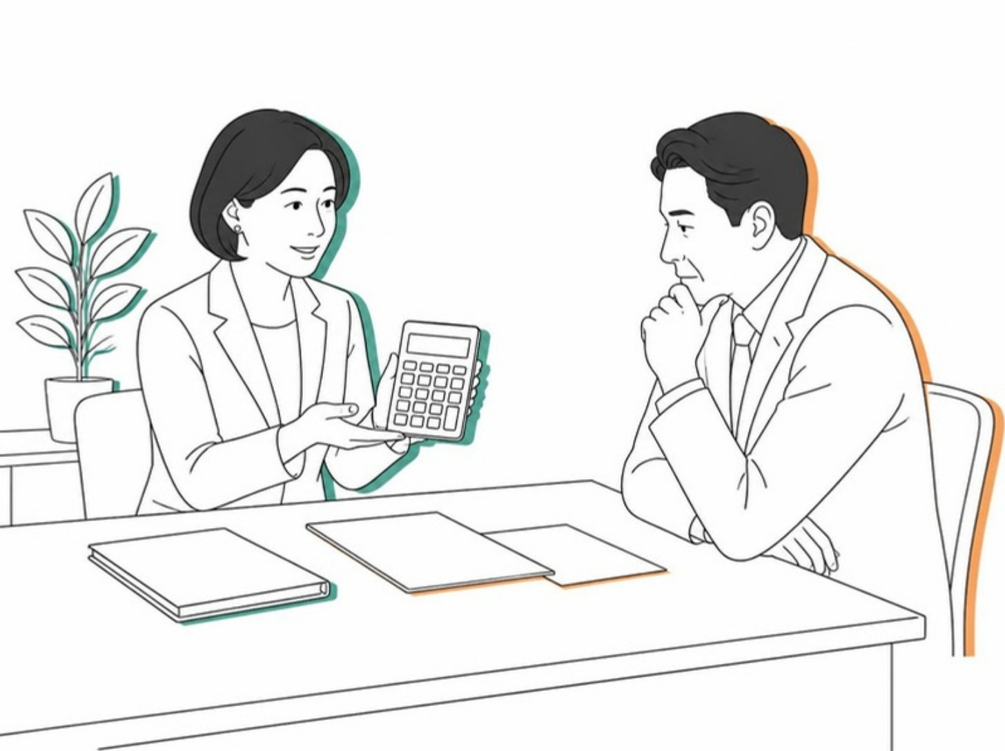 女性のFPが電卓を見せ、社長があごに手を当てて考える様子